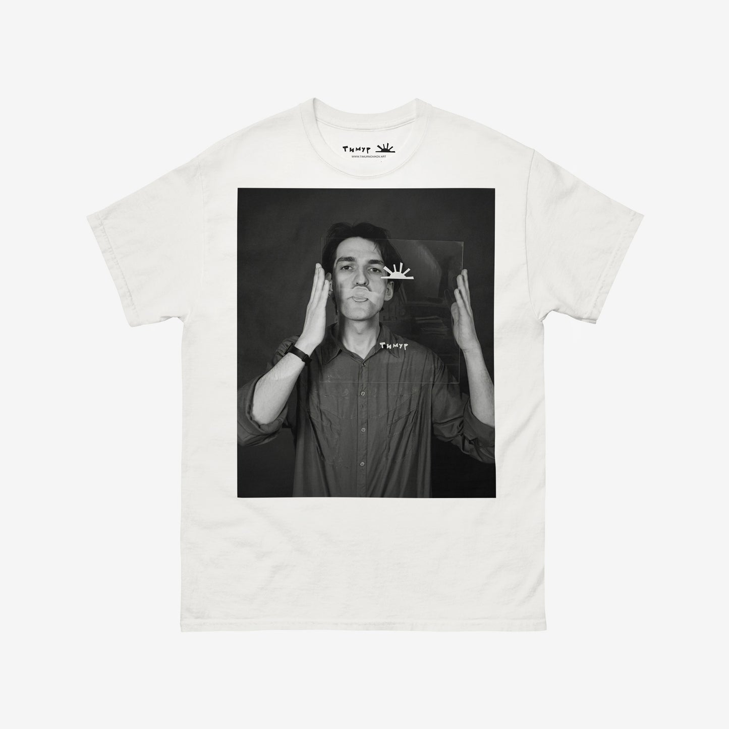 Timur Novikov large b&w photo self-portrait white T-shirt. www.timurnovikov.art