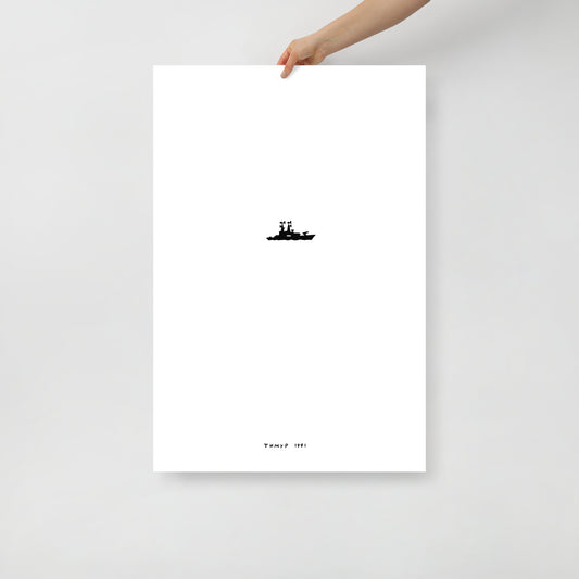 Hand holding Timur Novikov "Battleship" (Корабль) 1991 painting large print. www.timurnovikov.art