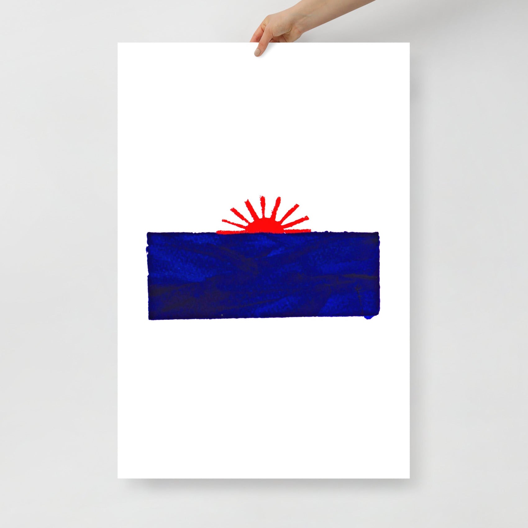 Hand holding large Timur Novikov "Sunset In Blue Sea" 1990 artwork print. www.timurnovikov.art