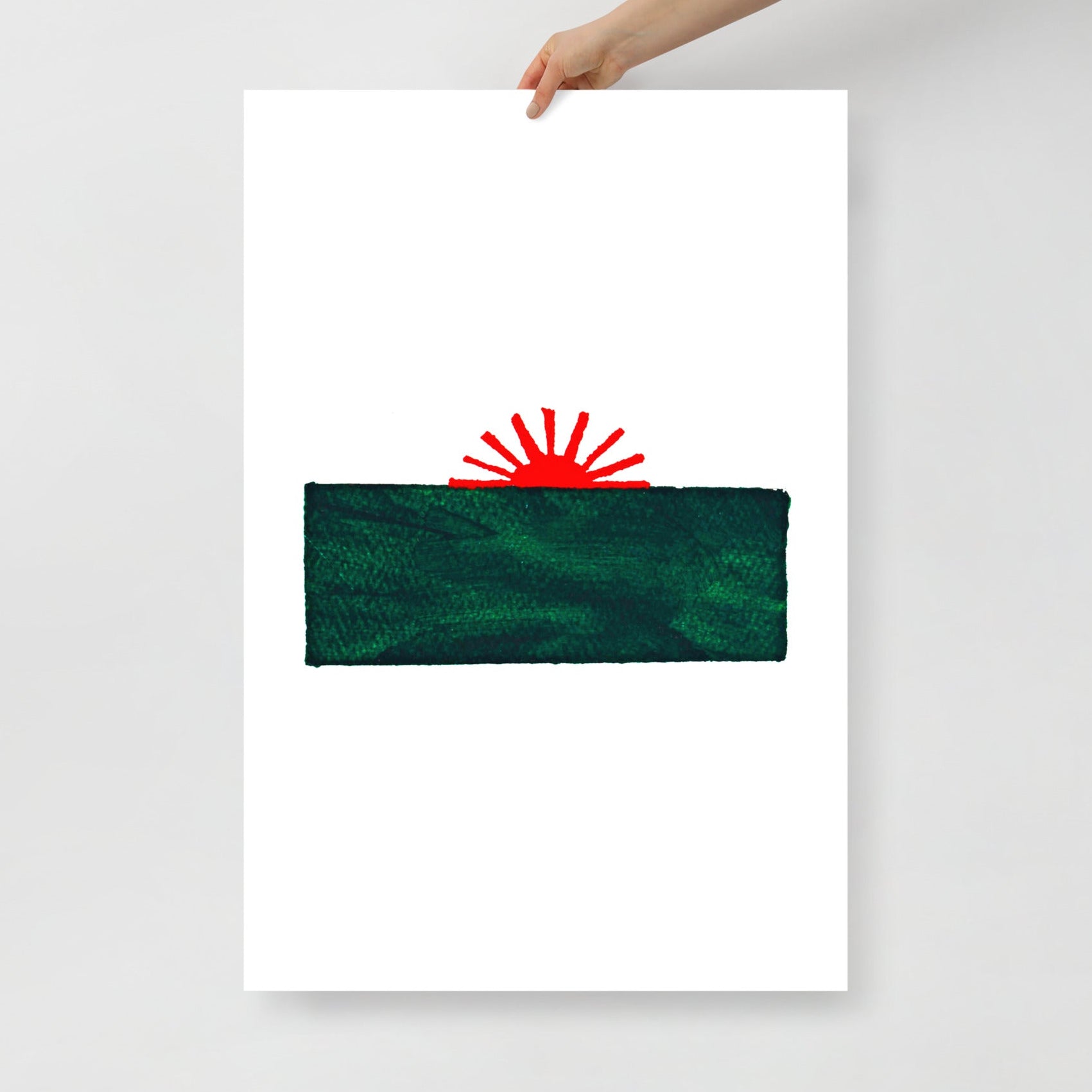 Hand holding large Timur Novikov "Sunset In Green Sea" 1990 artwork print. www.timurnovikov.art