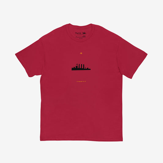 Timur Novikov “Aurora” painting red T-shirt featuring the cruiser Aurora and hammer and sickle. www.timurnovikov.art