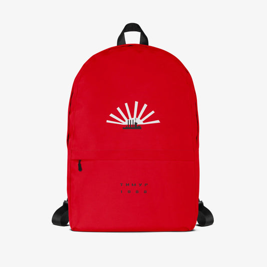 Timur Novikov backpack with “Aurora” artwork featuring the cruiser Aurora and a sun on a red background. Front side. www.timurnovikov.art