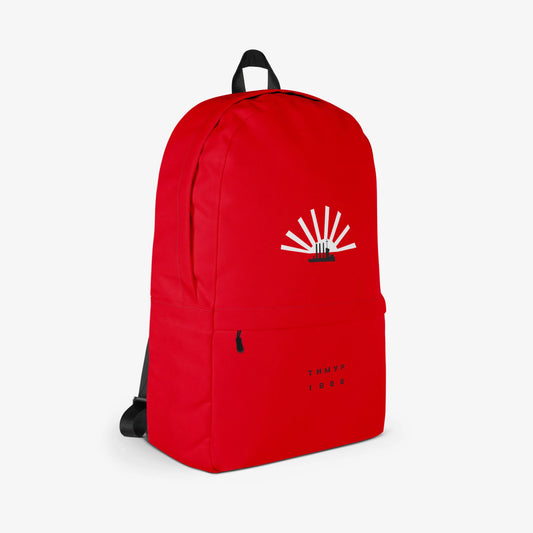 Timur Novikov backpack with “Aurora” artwork featuring the cruiser Aurora and a sun on a red background. Side photo. www.timurnovikov.art