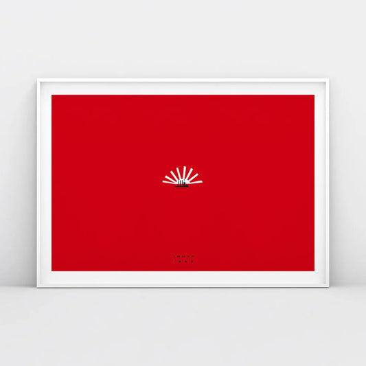 Timur Novikov large framed painting print “Aurora” featuring the cruiser Aurora and a sun on a red background. www.timurnovikov.art