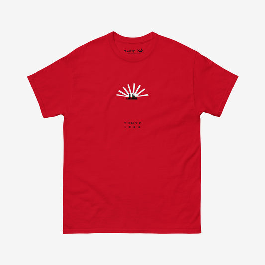 Timur Novikov “Aurora” 1991 with sun and the cruiser Aurora red unisex T-shirt. www.timurnovikov.art