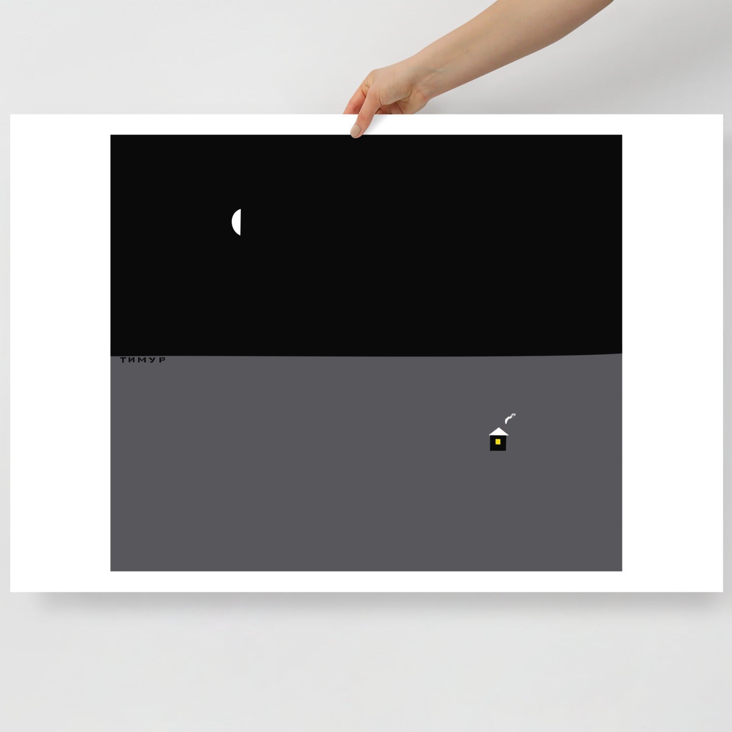 Hand holding Timur Novikov “House” 2005 artwork print. www.timurnovikov.art