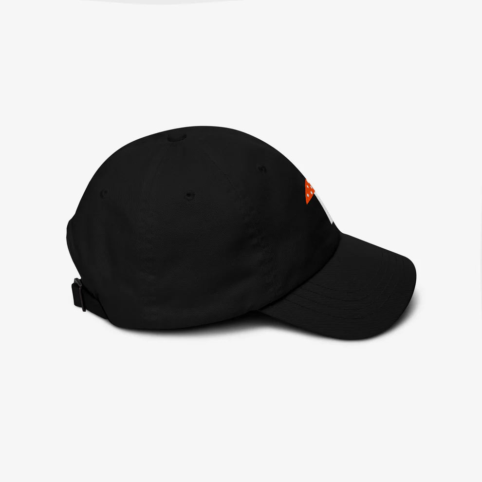 Timur Novikov "Mushroom" painting black unisex cap. Side photo. www.timurnovikov.art