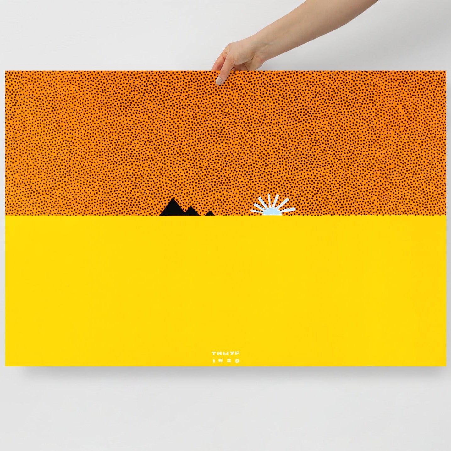 Hand holding Timur Novikov "Pyramids" (Пирамиды) 1989 painting large print. www.timurnovikov.art