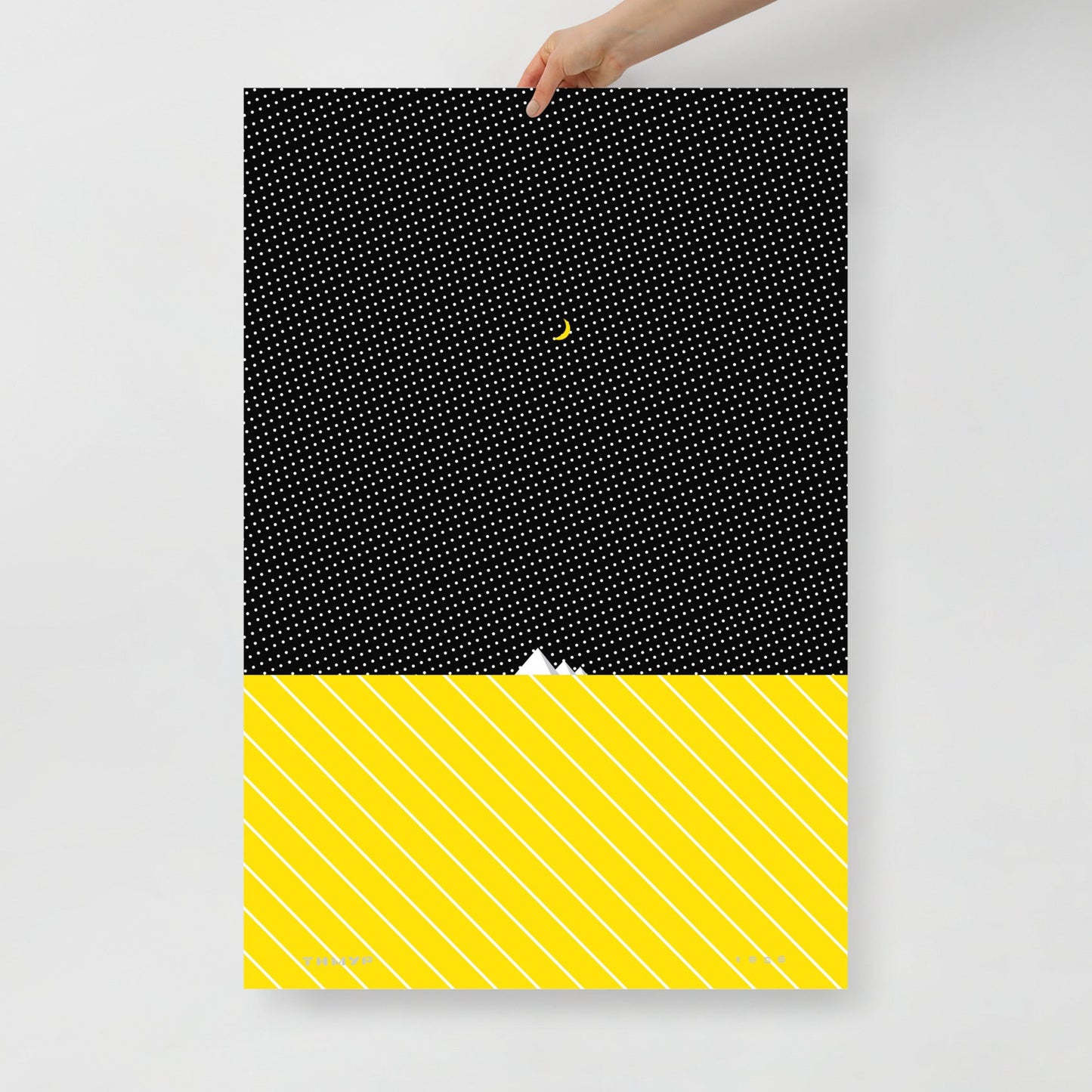 Hand holding Timur Novikov "The Pyramids" (with half moon) 1989 artwork large print. www.timurnovikov.art