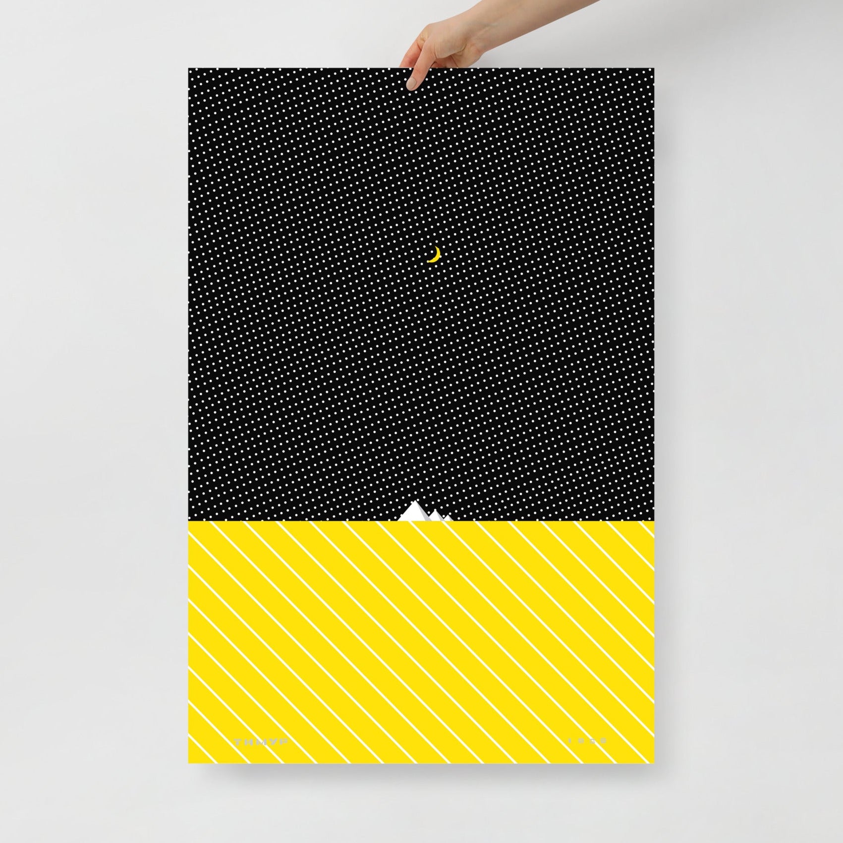 Hand holding Timur Novikov "The Pyramids" (with half moon) 1989 artwork large print. www.timurnovikov.art