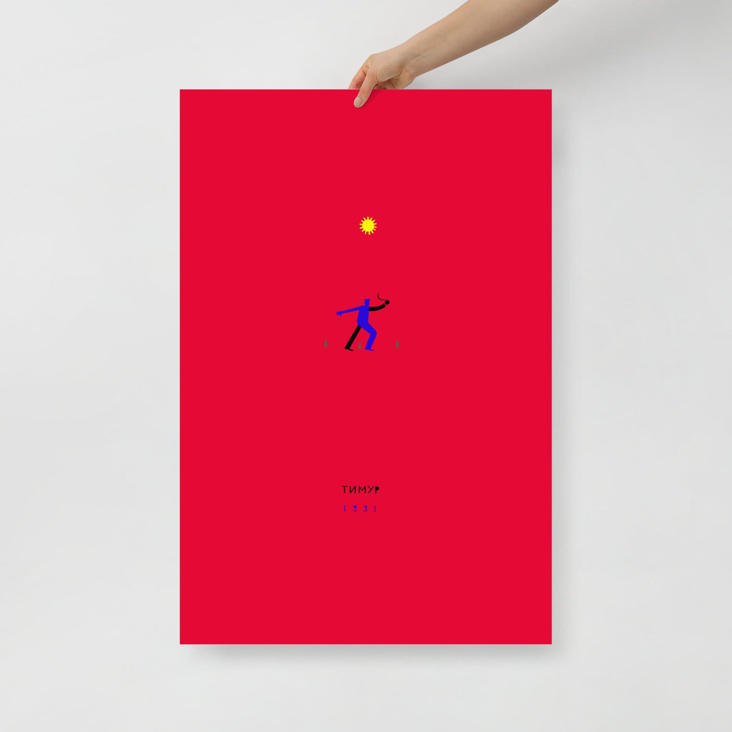 Hand holding Timur Novikov large red painting print Reaper 1991. www.timurnovikov.art