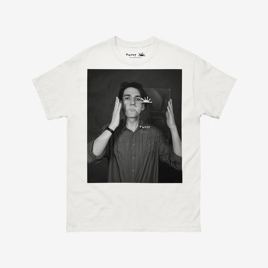 Timur Novikov large b&w photo self-portrait white T-shirt. www.timurnovikov.art